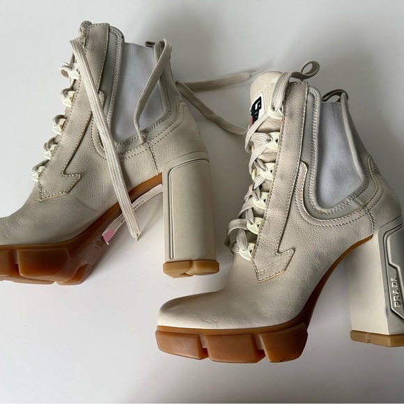 Prada Shoes - Prada Women's Cream Heeled Boots Size 40